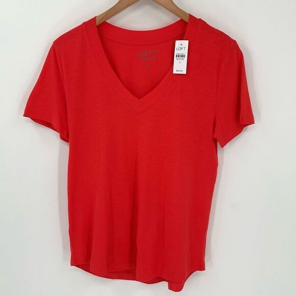 Loft Bundle Of 2 Everyday V-Neck Tee Coral Pink Stripe Women Small Very Soft - Picture 2 of 8